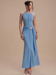 Modelyn Women's Solid Color Pleated Round Neck Fitted Sleeveless Dress - Blue - View 2