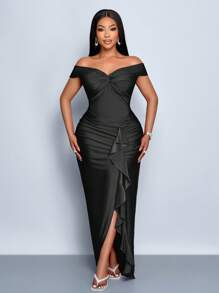 SOLERSUN Vestido de punto de talla grande con abertura lateral, decoración de volantes con un hombro, y detalle de retorcido en la parte delantera, para fiestas y bodas, en color vino tinto, para primavera y verano - Negro - Ver 5