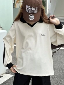 DAZY 青少年/青年女孩宽松休闲拼色套头衫，秋季 - 白色 - 查看 7