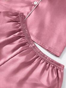 Set de pijama de 3 piezas para mujer de unicolor con ribete de contraste en seda sintética - Color caoba - Ver 6