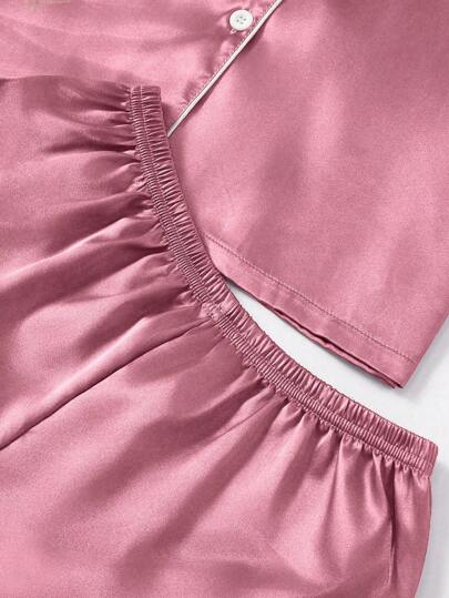 Women Contrast Faux Zijden Pajama Set view 6