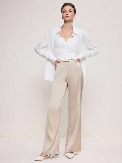 BizChic 2025 Autumn/Winter New Champagne Elastic Waist Satin Women's Pants, Elegant And Versatile For Business, Casual, Office, Dating, Party, Airport, Romantic Country Music Festival, Old Money Style, Korean Airport, Wedding Guest, Birthday, Halloween, Christmas