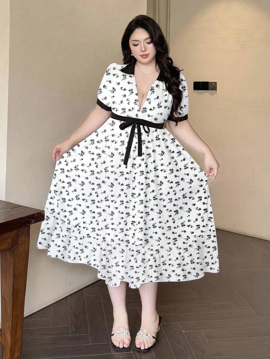 Flirla Plus Size Contrast Color Lace Trim Ditsy Floral Sweet Cute Mini Dress - White - View 1
