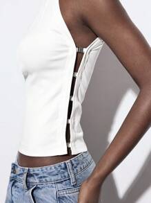 Maija 女士白色侧开衩钩环春季都市休闲时尚百搭柔软舒适修身钩环设计圆领无袖背心街头风女装音乐会女装度假女装端庄 - 白色 - 查看 3