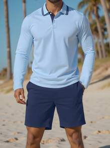 Manfinity Dauomo 2 件男士休闲 Polo 衫和短裤套装，极简主义百搭服装，适合日常通勤 - 彩色 - 查看 1