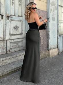 Jeta Ari Chân váy Maxi satin trơn cạp cao thanh lịch - màu đen - Xem 2