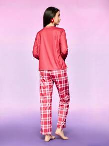 女士字母印花休闲家居服套装、上衣和裤子 - 粉色 - 查看 4