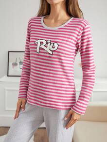 EURMUSE Set pigiama da donna composto da 2 pezzi, maglia a maniche lunghe con ricamo a lettere e pantaloni a costine a righe, comodo abbigliamento da casa e relax