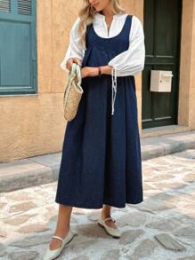 SHEIN Maternity Fall Autumn Back To School Homecoming Halloween Y2k Cute Birthday Outfit Night Out Going Out Club Outfit Airport Outfit Business Casual Woman Country Vintage Modest Old Money Business Casual Woman Work Clothes Teacher Outfits For Women Church Outfits Women Solid Color Casual Sleeveless Blue Denim Dress Can Be Worn In Two Ways: Front Or Back - Blue - View 6