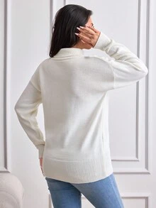 EURMUSE 大码休闲冬季花朵水钻闪亮细节舒适毛衣 - 杏色 - 查看 2