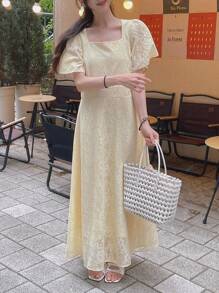 DAZY Elegant Creamy Yellow Lace Collar & Ruffle Sleeve Mid-Length Dress For Women Dress - Light Yellow - View 13