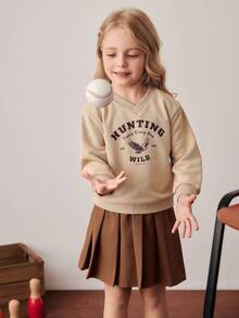 PrepCrw Young Girl V-Neck Khaki Sweatshirt, Collegiate Style Autumn Fall - Khaki - View 1