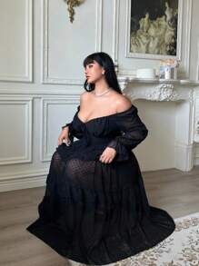 Lyrianda 全新优雅雪纺纹理波尔卡圆点蝴蝶结装饰胸围泡泡袖腰部收紧喇叭下摆连衣裙 - 黑色 - 查看 3