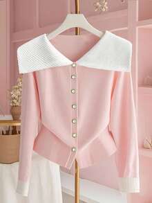 Franclia Women's Elegant Contrast Color Single-Breasted Lapel Long Sleeve T-Shirt Fall Cloth For Women