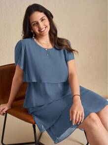 Chikora Vestido Elegante de Cor Sólida Multicamadas, Plus Size, Verão - Azul Empoeirado - Visão 7