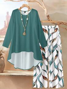 Rusticease 2 件套女士宽松圆领长袖上衣和裤子套装，夏季服装