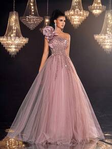 Glamrae 优雅奢华缎面肩部串珠亮片装饰薄纱泡泡裙，适合婚礼、派对、毕业典礼、度假、舞会、庆典（重度装饰） - 藕粉色 - 查看 7