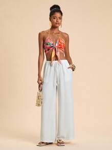 Travachic Top halter bohemio vibrante de tela tejida con diseño de estampado aleatorio llamativo para ropa de playa de otoño e invierno - Multicolor - Ver 7