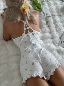 CottageSlumber 女式舒适针织提花碎花图案翻领连体裤 - 白色 - 查看 1