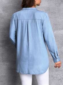 SHEIN Essnce Plus Size Solid Color Notched Neck Button Up Casual Long Sleeve Denim Jacket