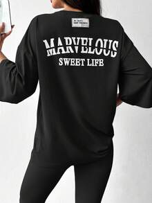 Mulvari 2 件套女士夏季字母印花超大 T 恤和裤子休闲装 2 件套 - 黑色 - 查看 2