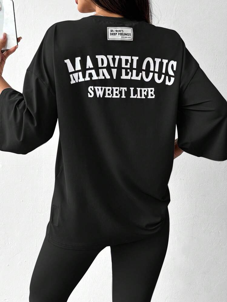 Mulvari 2pcs/Set Women's Summer Letter Print Oversized T-Shirt And Pants Casual Outfit 2 Pieces Set Tracksuit Women Set Comfy Sets Women Jogger Sets For Women Sweat Set Women - Black - View 2