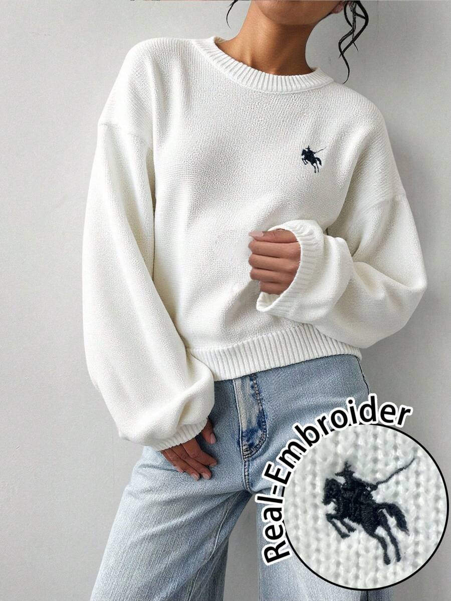 SHEIN BASICS 休閒極簡學院風復古刺繡馬標誌女款毛衣,適合秋冬,校園與辦公室穿搭上衣,白色與黑色 - 彩色 - 查看 1