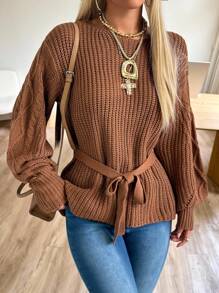 SHEIN EZwear Suéter casual de manga larga con cintura ceñida, estilo de dinero antiguo para mujer en otoño e invierno - Marrón - Ver 3