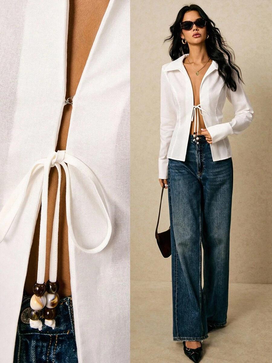Poéselle Women's White Cotton Long Sleeve Shirts,Beaded Ties Front Tie Blouse,Boho Solid Turndown Collar Tops,Autumn Night Out Seksi Chic Old Money Vintage Y2k - White - View 1