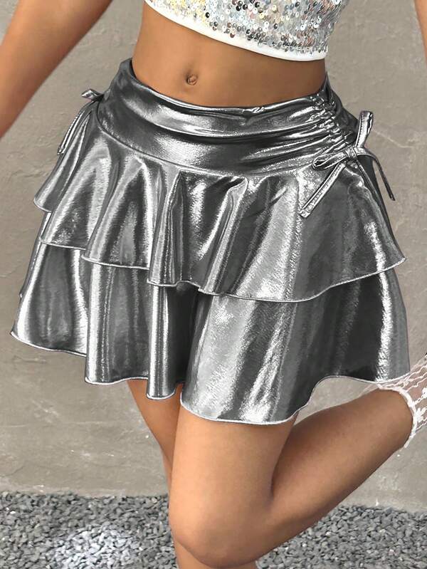 Coolane Falda de rodilla con cintura con cordón y dobladillo plisado brillante rosa y morado, estilo casual de calle para niñas preadolescentes