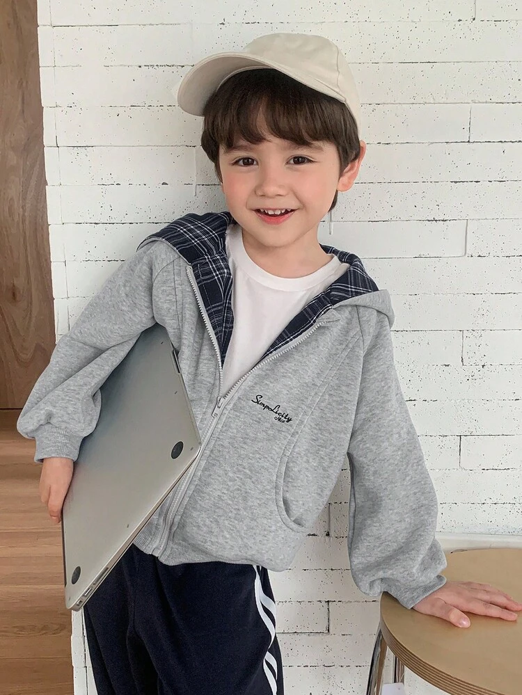Kids Fall Clothes, Young Boys Thermal Lined Jacket, Patchwork Plaid Hooded, Casual Loose Fit, Letter Print, Minimalist Style, Autumn
