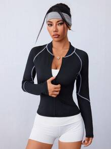 Gameset SHEIN Sport Summer Outdoor Running Fitness Training Sweat-Wicking Contrast Color Zipper Raglan Sleeve Sports Sweat Suit - Black - View 5