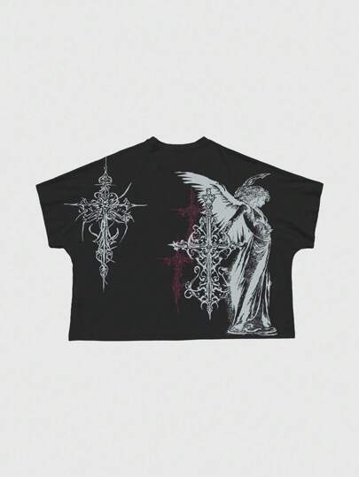 Goth Ensemble 2 pièces pour hommes T-shirt imprimé numérique croix et déesse