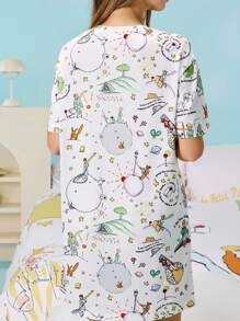 LE PETIT PRINCE X SHEIN Women's Cartoon & Planet & Fox & Rose Pattern Loose T-Shirt Nightdress, Back To School, For Fall And Winter - White - View 2