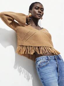 Lumivelle Suéter de punto casual de mujer con bajo con flecos y unicolor, para otoño e invierno