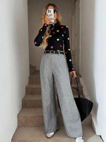 SHEIN LUNE 女士休闲高领长袖爱心印花T恤，秋季，休闲 - 彩色 - 查看 7