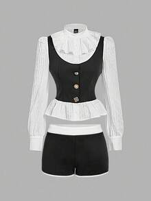 SHEIN MOD Women's Retro Vest 2 In 1 Shirt & Shorts Set, Vintage Style Outfit - Black and White - View 1