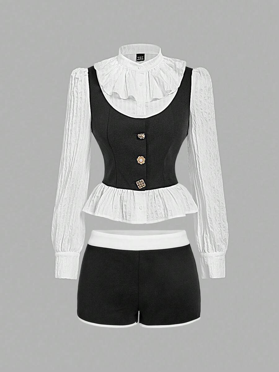 SHEIN MOD Women's Retro Vest 2 In 1 Shirt & Shorts Set, Vintage Style Outfit - Black and White - View 1
