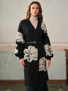 Anewsta Women's Loose Knit Cardigan, Black Jacquard Textured High-End Winter Jacket - Black - View 4