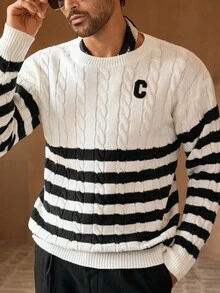 Manfinity VCAY 男士休闲扭绳条纹宽松落肩圆领毛衣男条纹毛衣条纹套头毛衣男男士针织毛衣男套头毛衣绞花针织毛衣男条纹毛衣男男士套头毛衣绞花针织条纹毛衣男条纹针织毛衣，秋冬 - 黑與白 - 查看 5