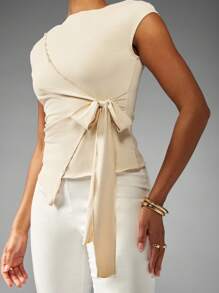 MISSGUIDED Elegant Cap Sleeve Wrap Top With Side Tie Bow Detail Asymmetric Front Summer Evening Casual Party Boat Neck Blouse