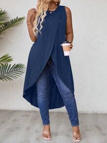 EMERY ROSE Plus Size Solid Color Wrap Asymmetric Hem Long Tank Top For Summer - Navy Blue - View 4