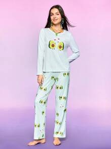 Women Cartoon Avocado Print Pajama Top And Bottom Set