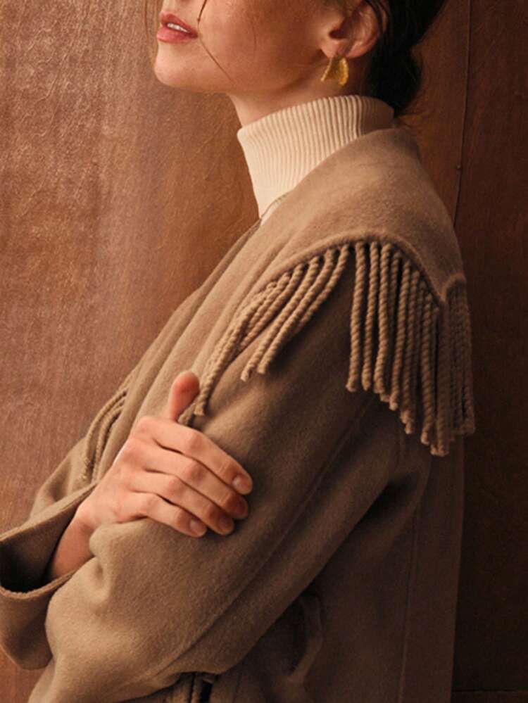 WATERFALL COLLAR FRINGE TRIM WOOL BLEND OVERCOAT