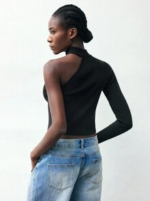 Maija 女士休闲纯色单肩长袖短款毛衣万圣节服装女士休闲衬衫黑色上衣秋冬女装 - 黑色 - 查看 3