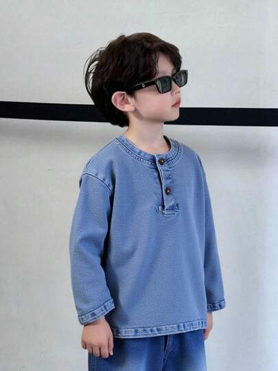 Camiseta de mezclilla de cuello redondo holgada y versátil para niños, azul bebé, tops lindos, ropa de niños, top de mezclilla, top todo a juego, tops Y2K, adecuado para la escuela, el jardín, la playa, el cumpleaños, primavera, verano, otoño, invierno