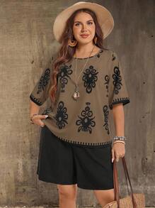 EMERY ROSE Plus Size Women Floral Print Short Sleeve Shirt And Shorts Casual Loose 2 Pieces Set Bohemian Fall Clothes For Women