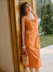 MOTF STUDIO ROMANTIC VACATION RUFFLE TRIM EYELET EMBROIDERED DRESS - Orange - View 3