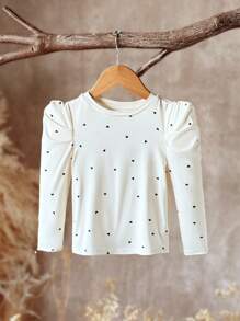 SHEIN 年轻女孩心形图案圆领羊腿袖休闲T恤 - 白色 - 查看 2