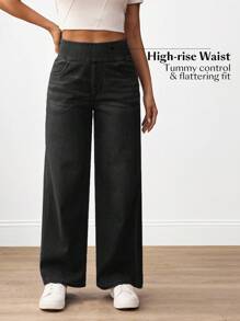 SHEIN PETITE Damen Lässig Gewaschen Hohe Taille Gerade Bein Jeans